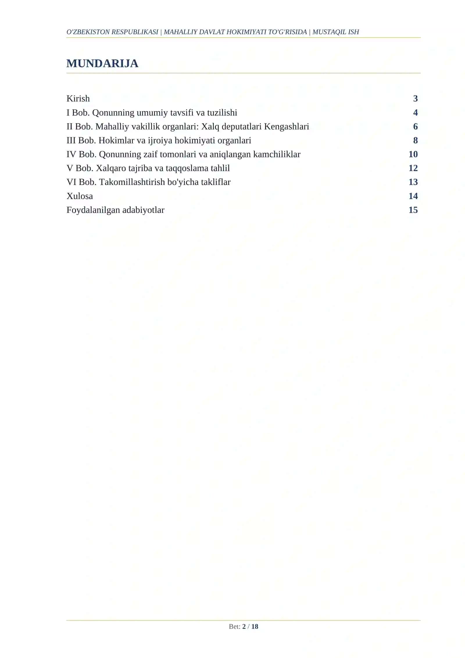 O'ZBEKISTON RESPUBLIKASINING "MAHALLIY DAVLAT HOKIMIYATI TO'G'RISIDA" GI QONUNINING TAHLILI, MUAMMOLARI VA TAKOMILLASHTIRISH YO'LLARI 2