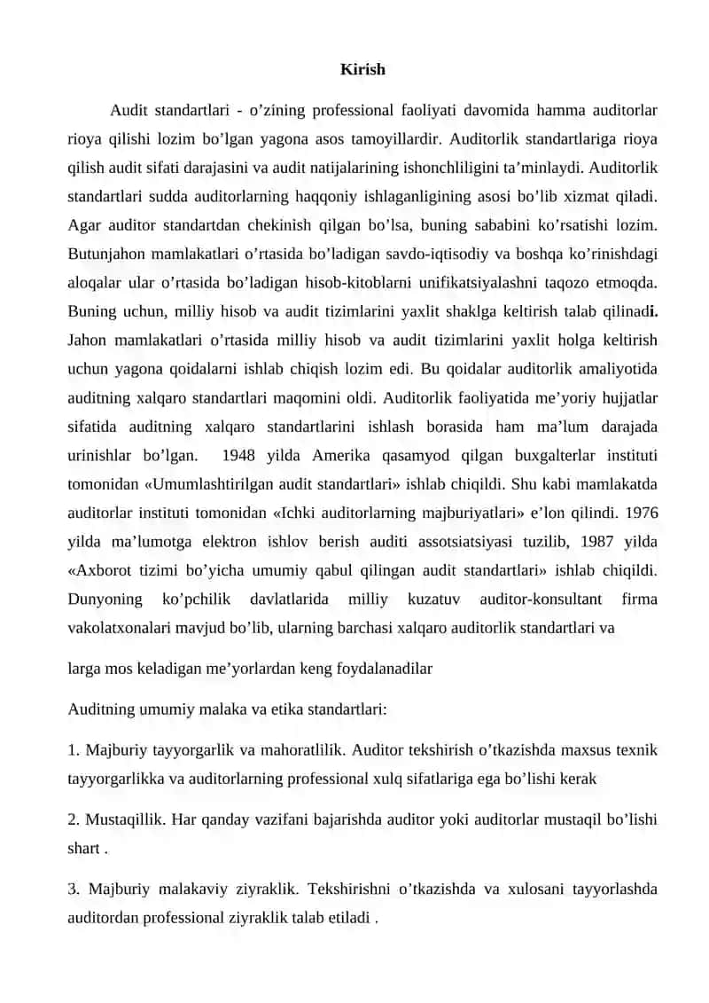 Auditning xalqaro standartlarini sinflashtirish va O'zbekiston Respublikasida qo'llash masalalari 2