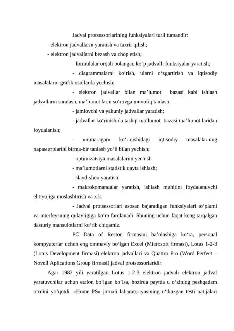 Elektron jadval protsessorlariularning vazifasi va imkoniyatlari 2