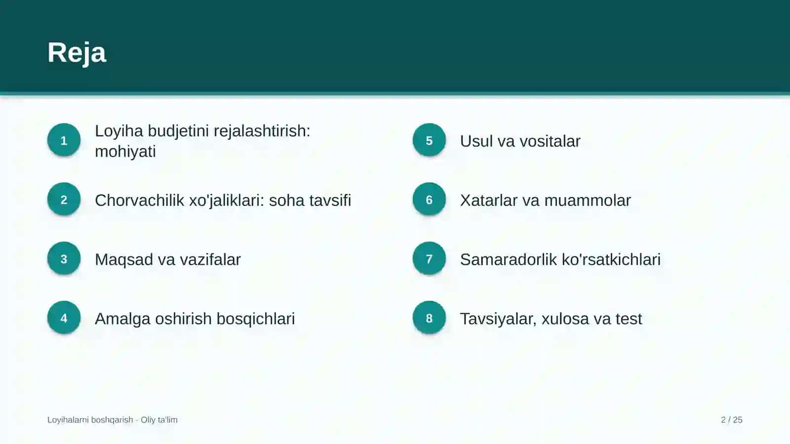 Chorvachilik xo'jaliklarida loyiha budjetini rejalashtirish 2