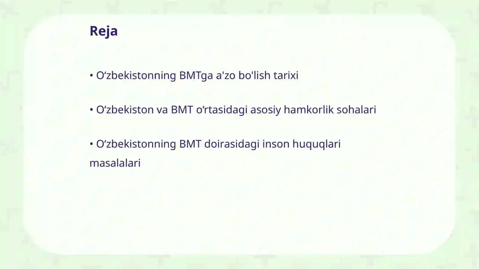 O‘zbekistonning BMT bilan hamkorlik aloqalari 2