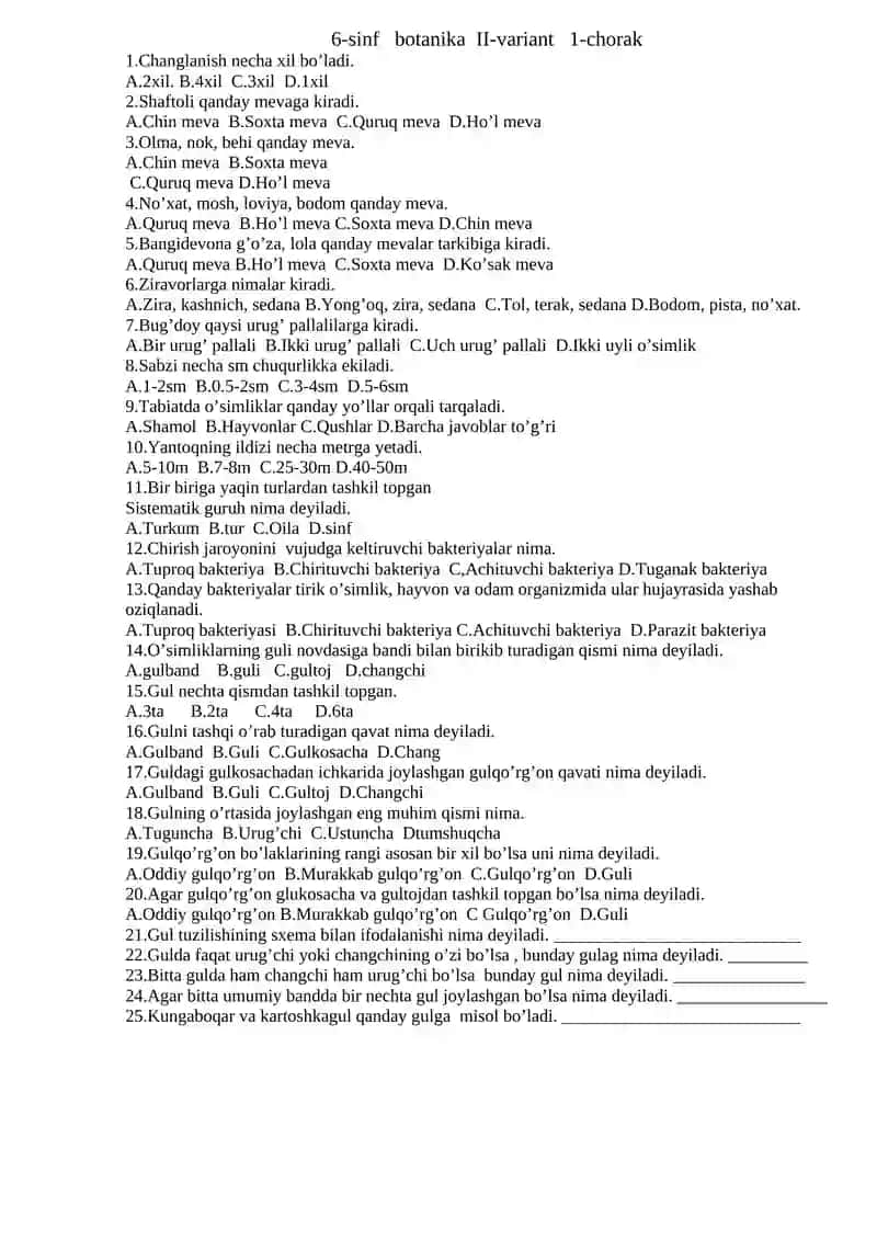 6-sinf botanika 1-variant 1-chorak 2