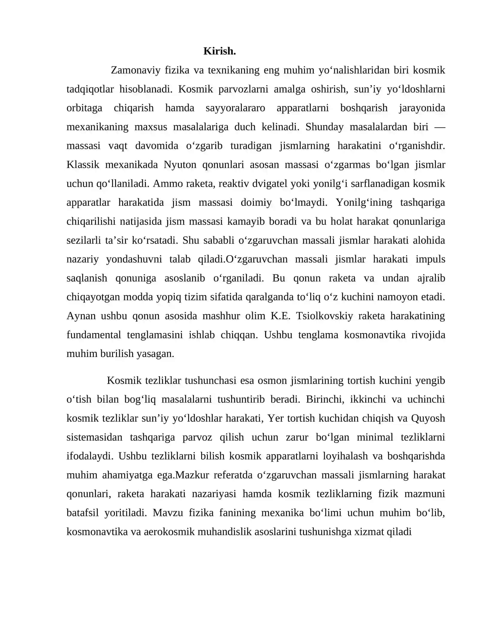 O‘zgaruvchan massali jismning harakati. Kosmik tezliklar 2