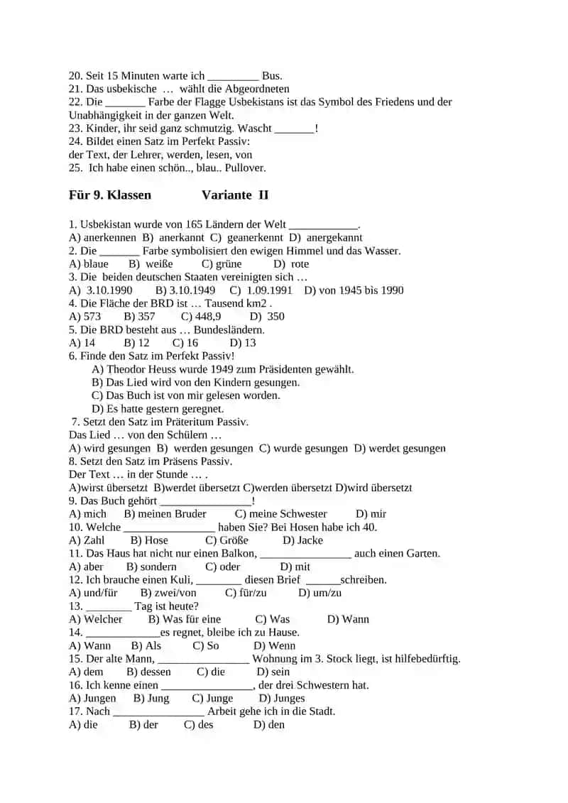 Für 9. Klassen Variante I 2