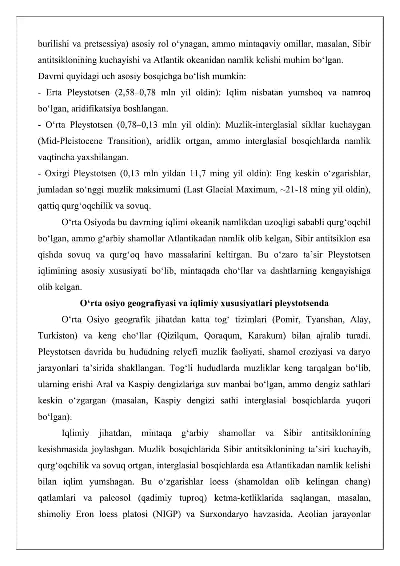 O‘rta osiyoning pleystotsen davri iqlimi tezis. 2