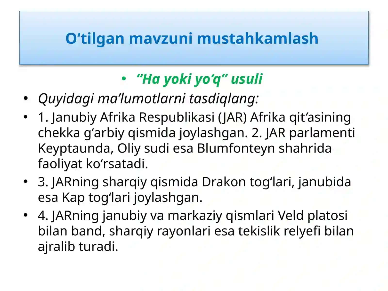 O‘tilgan mavzuni mustahkamlash 2