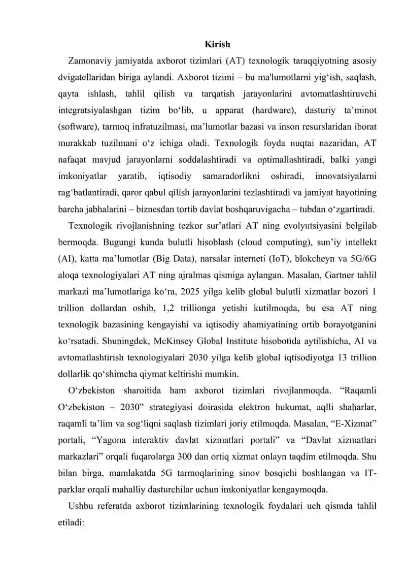Axborot tizimining texnologik foydasi 2