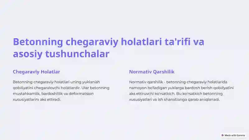 Betonning I va II guruh chegaraviy holatlari bo'yicha normativ qarshiligi 2