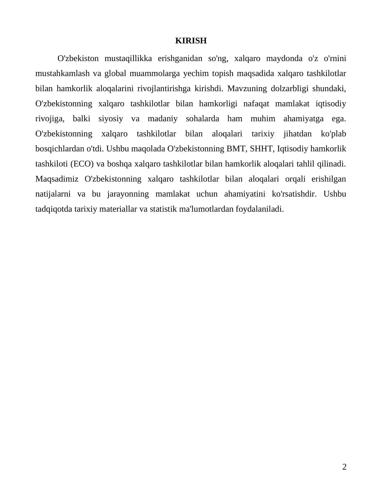 O'zbekistonning xalqaro tashkilotlar bilan hamkorlik aloqalari tarixi 2