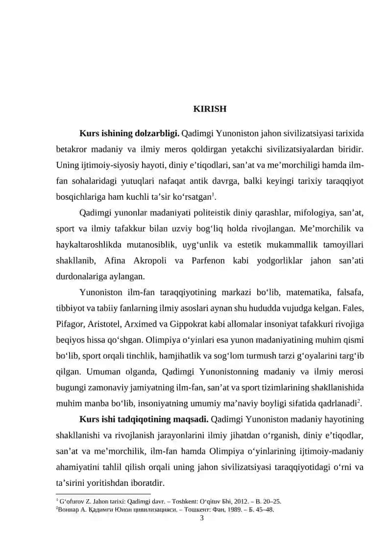 Qadimgi Yunoniston madaniyati va fanining rivoji kurs ish 2