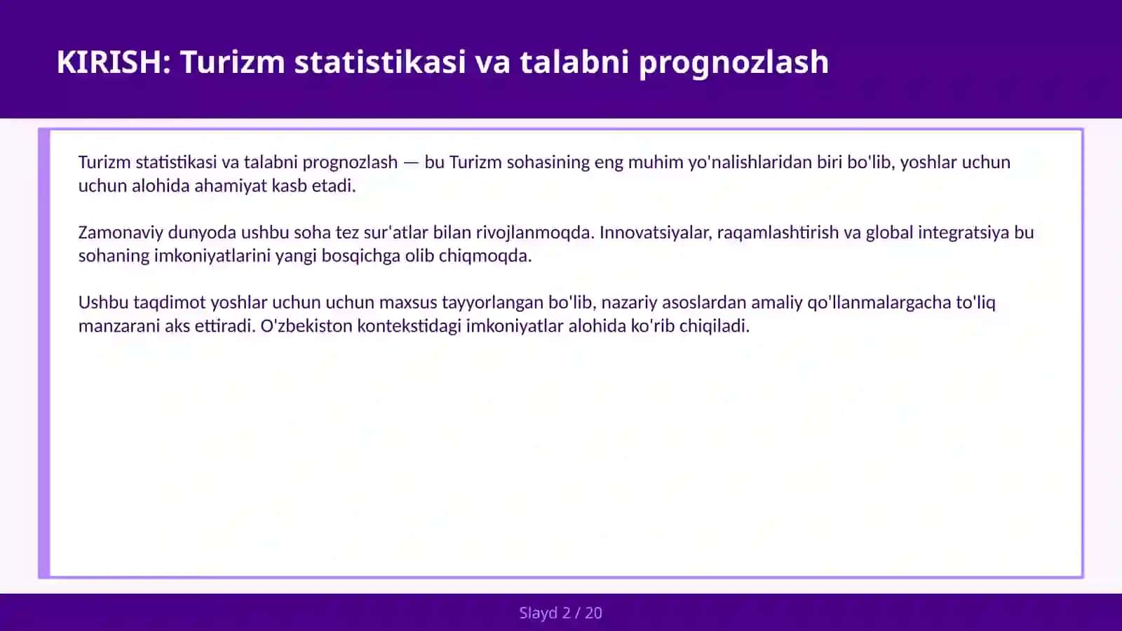 Turizm statistikasi va talabni prognozlash 2