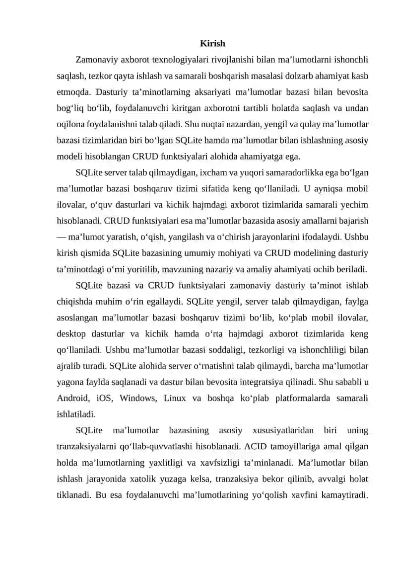 SQLite bazasi va CRUD funktsiyalari 2