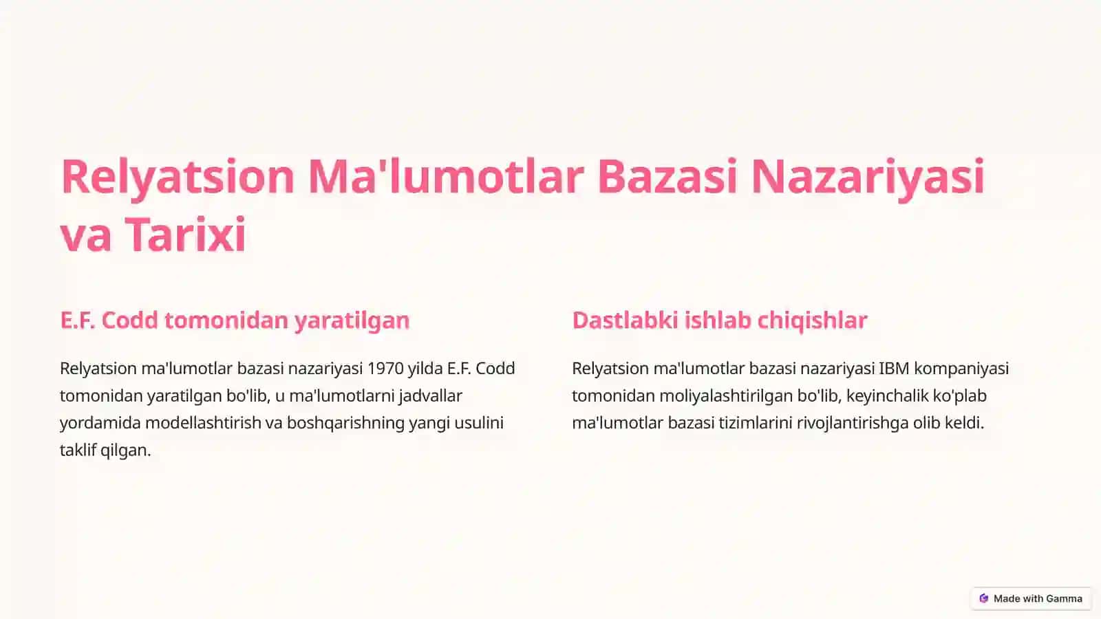 Ma'lumotlar bazasi: Relyatsion model va munosabatlar 2