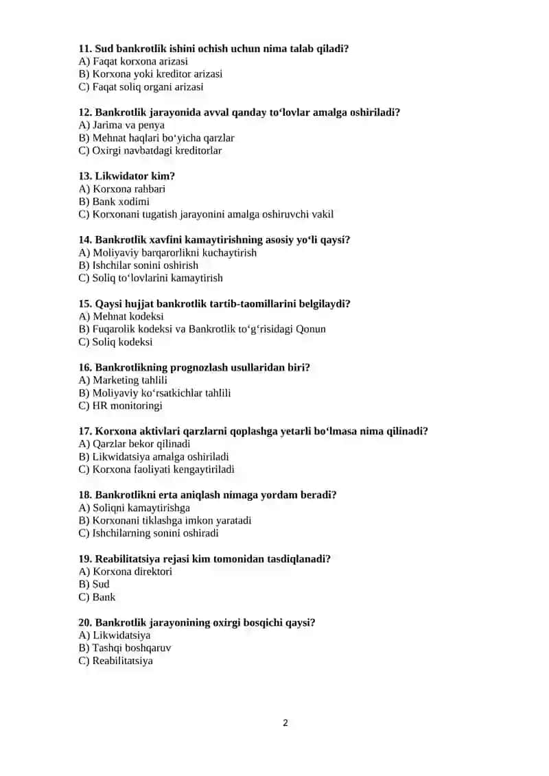 Bankrotlik Testlar 2