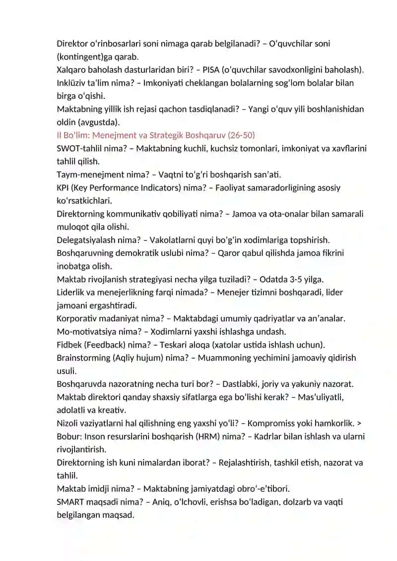 Testlar Pedagogika, Psixologiya, Menejment va Qonunchilik yo‘nalishlariga 2