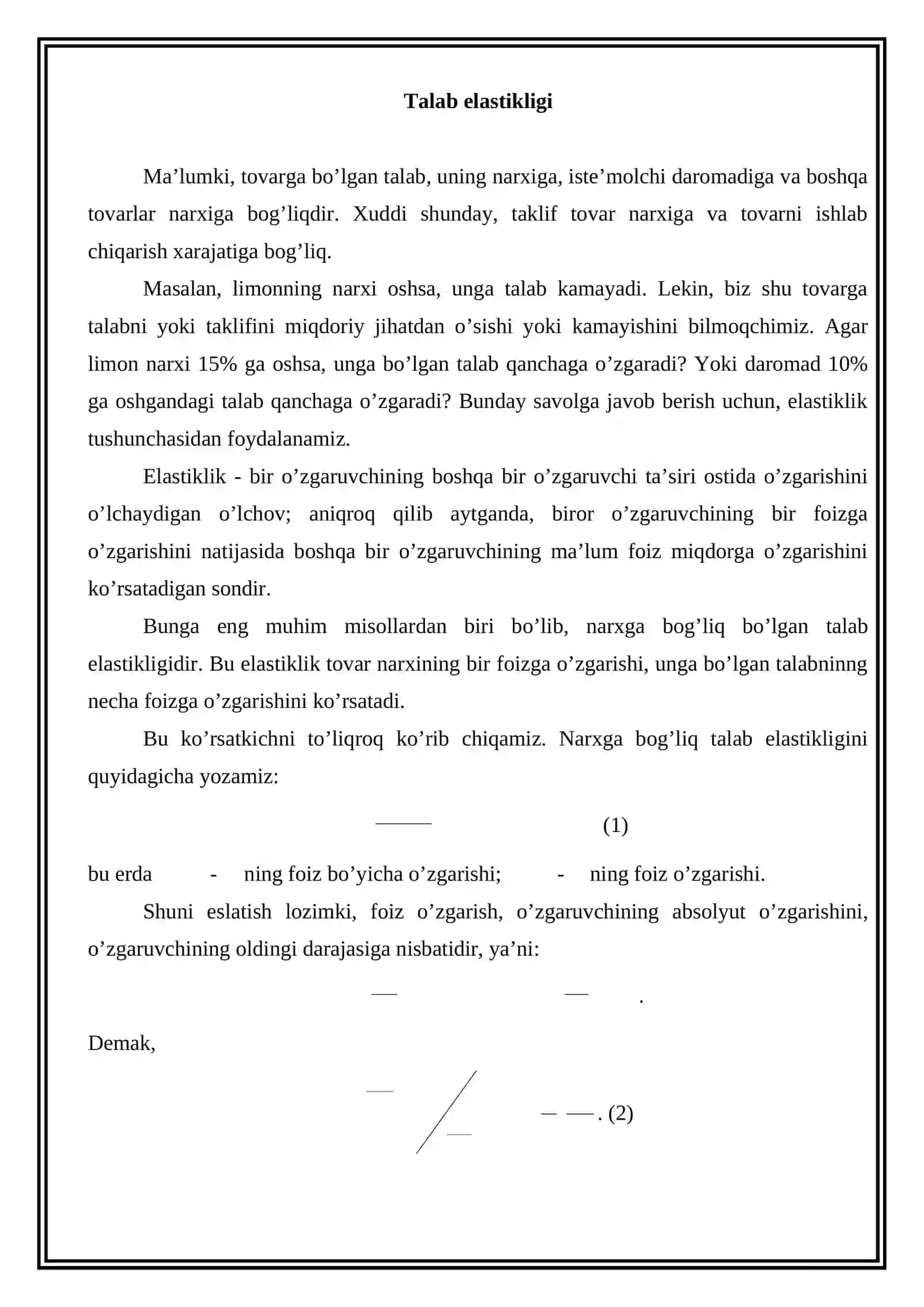 Talab va taklif elastikligi 2