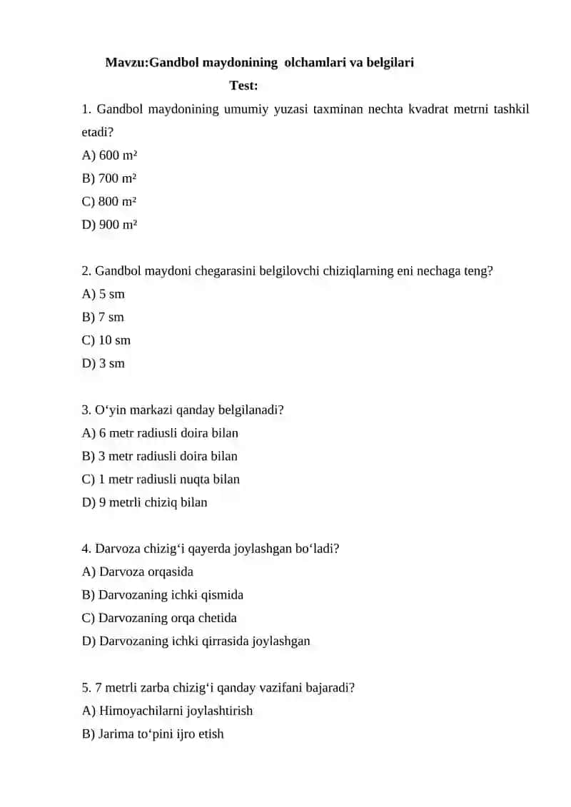 Gandbol maydonining olchamlari va belgilari 2