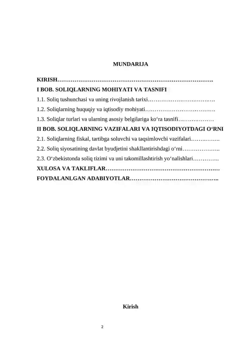 Soliqlar va ularning vazifalari kurs ishi 2