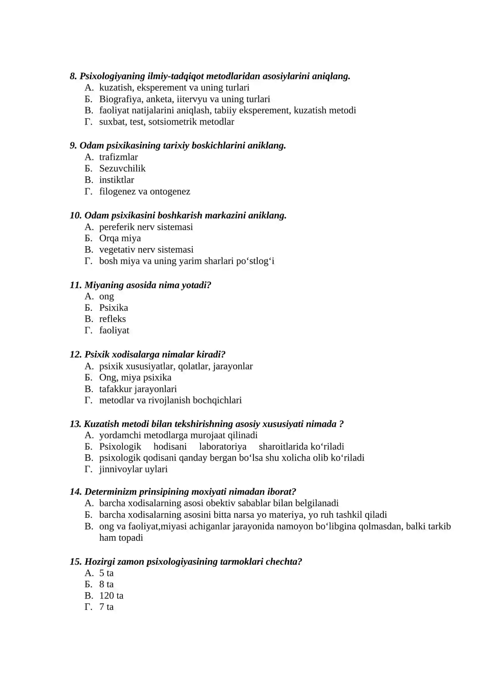 Psixologiya fanidan testlar 2