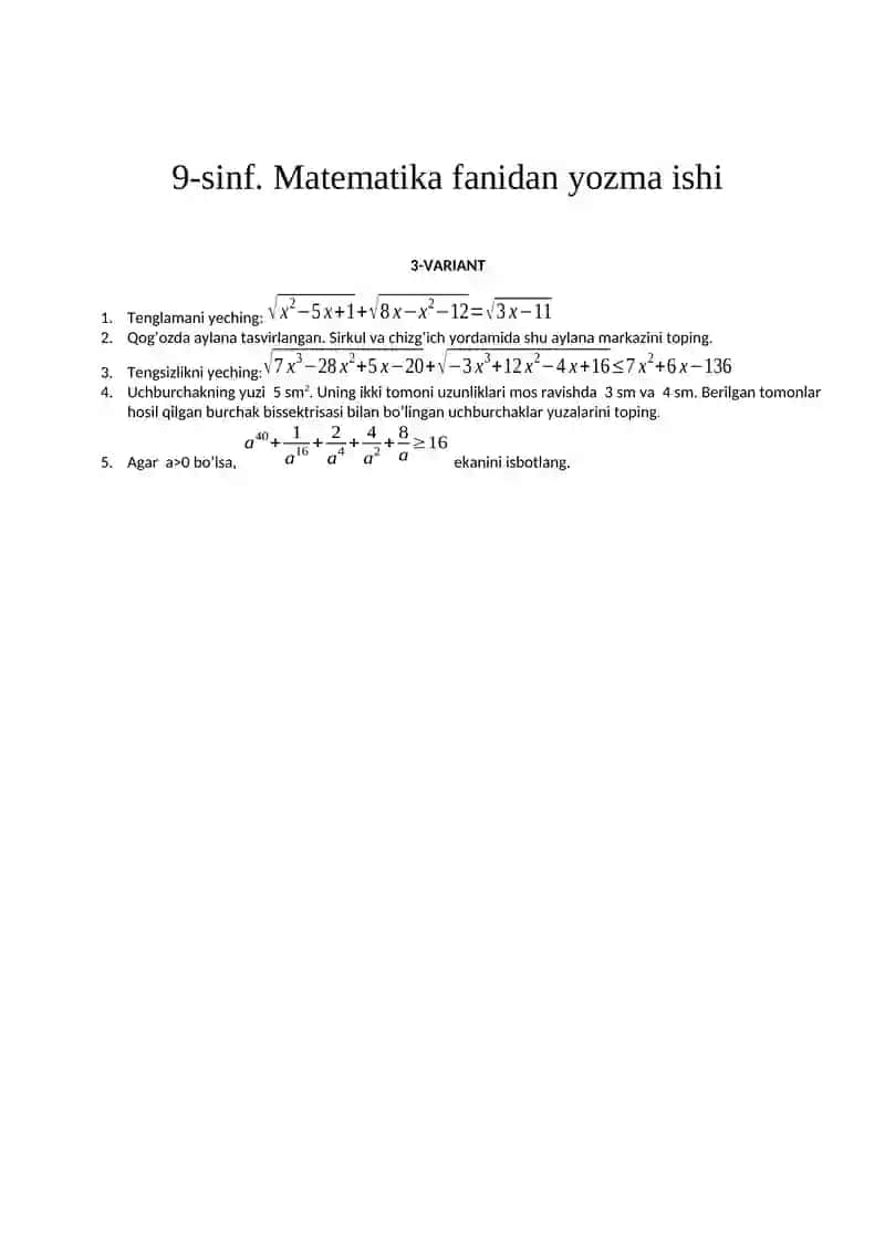 9-sinf. Matematika fanidan yozma ishi 2