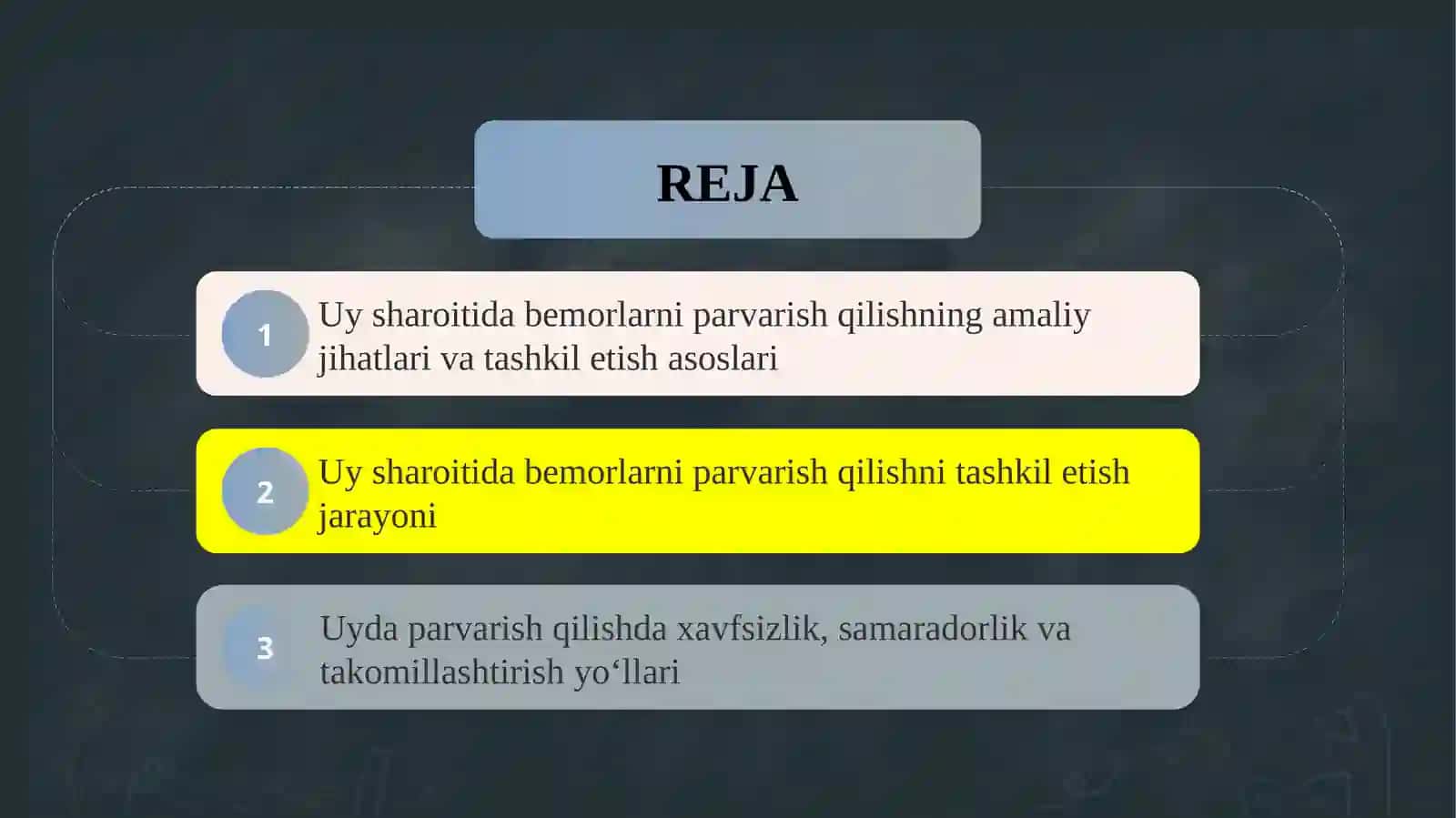 Bemorlarni uyda parvarish qilishni tashkil etish asoslari 2