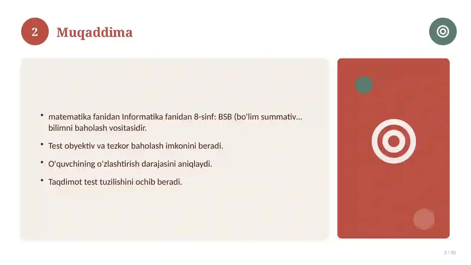 Informatika fanidan 8-sinf: BSB (bo'lim summativ baholash) 2