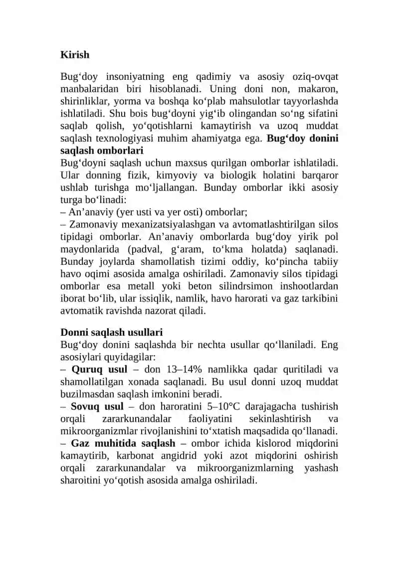 Bug’doy, donini saqlash omborlari, usullari va yangi texnologiyalari. 2