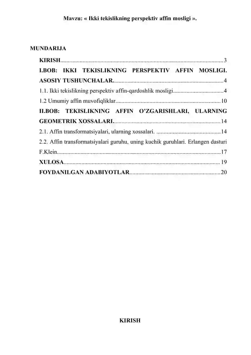 "Ikki tekislikning perspektiv affin mosligi" 2