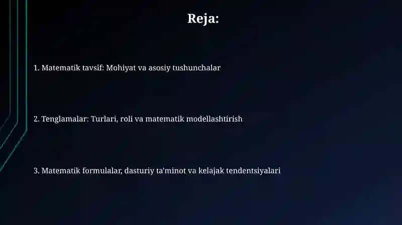 Matematik tavsif va uni tashkil etuvchi tenglamalar 2