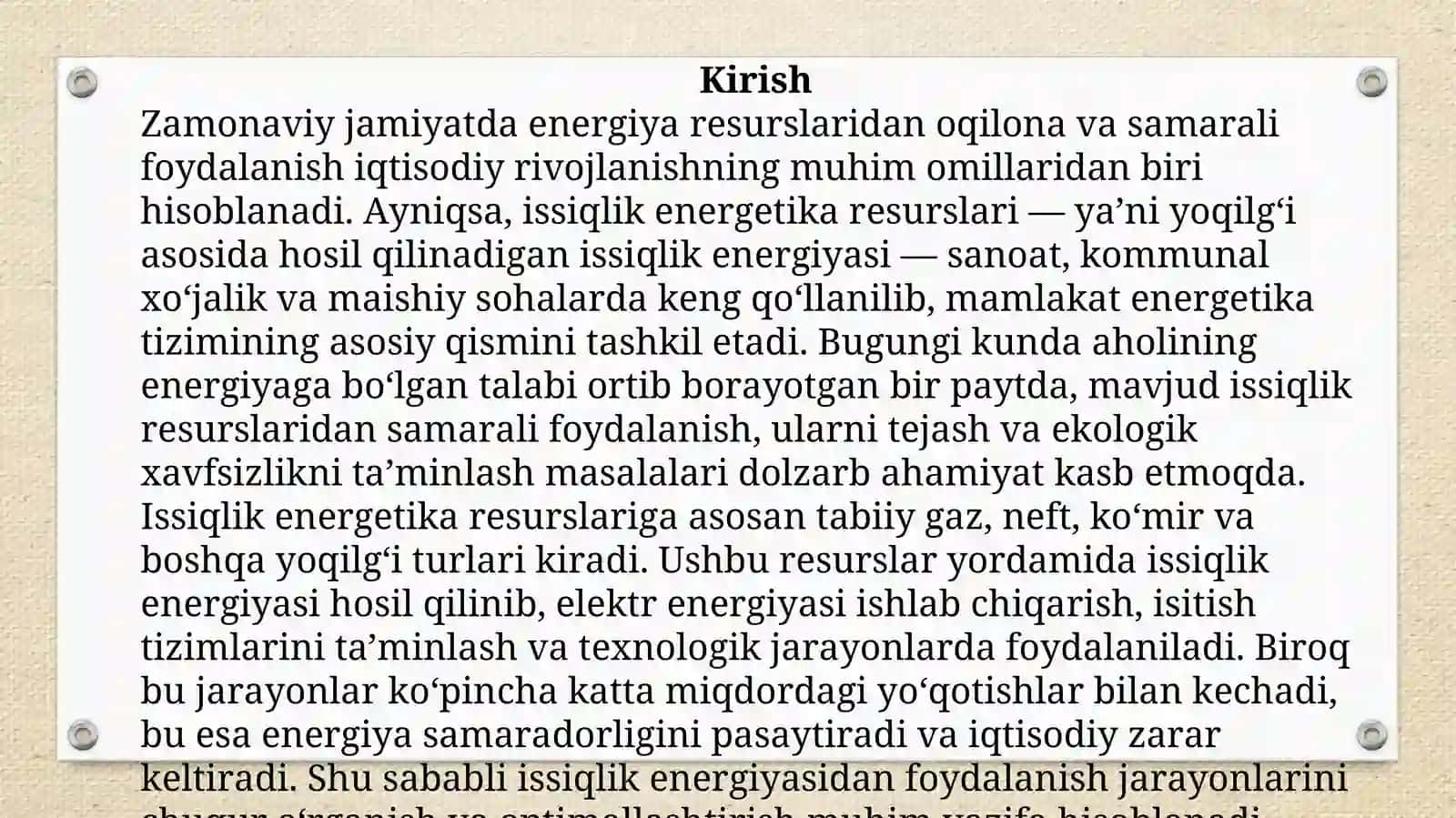 Issiqlik energetika resurslaridan foydalanish 2