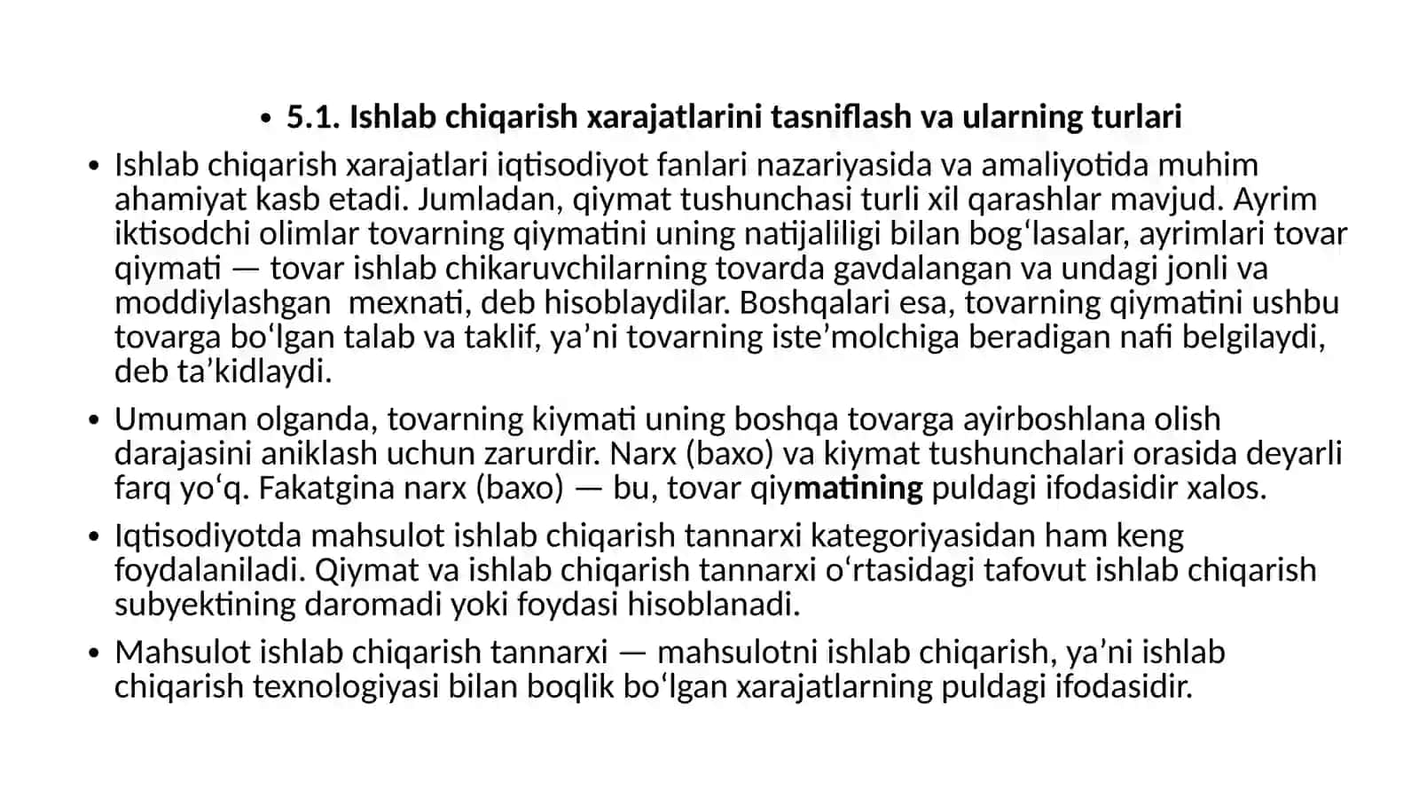 Ishlab chiqarish xarajatlari va foyda hisoblash 2