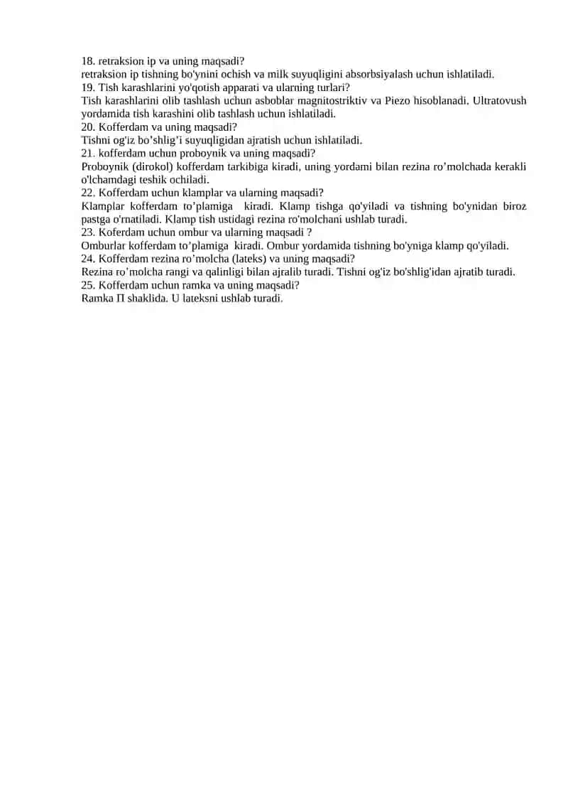 Stomatologik asboblar haqida savol-javoblar 2
