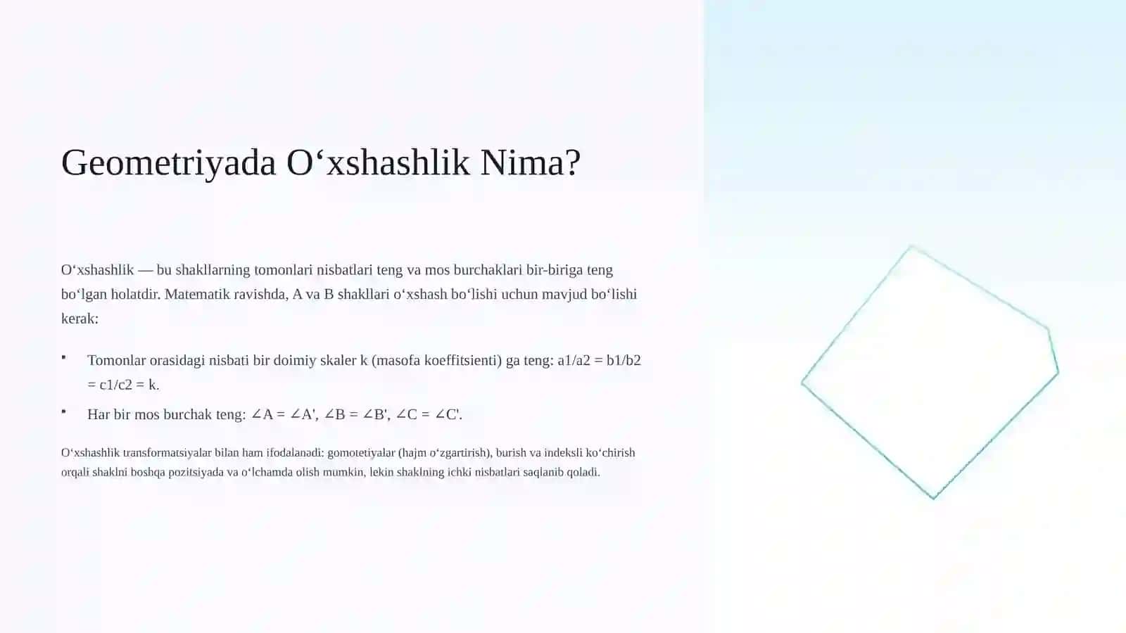 O‘xshash Almashtirish va Geometriya: Asosiy Tushunchalar va Xossalar 2