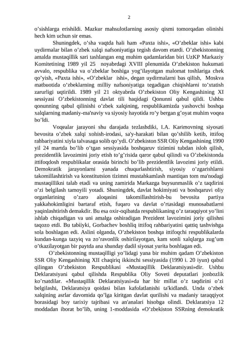 Mustaqil O‘zbekiston Respublikasi tashkil topishining tarixiy ahamiyati 2
