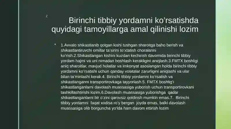 Birinchi tibbiy yordamni tashkil etish 2