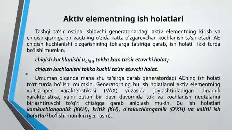 GENERATORDAGI AKTIV ELEMENTLARNING ISH HOLATLARI 2