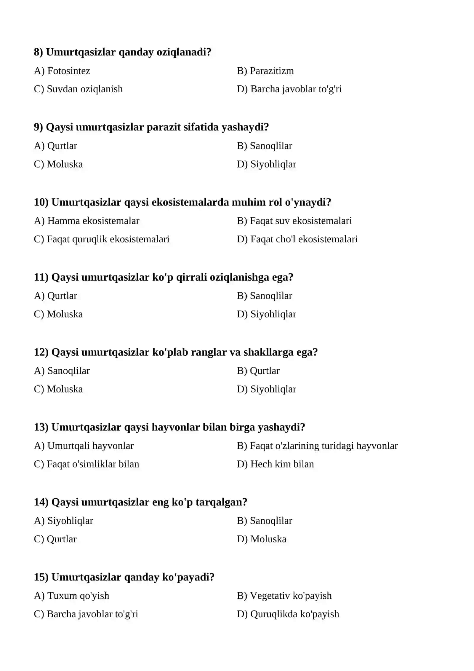 Umurtqasizlar zoolojiyasi (TEST) 2