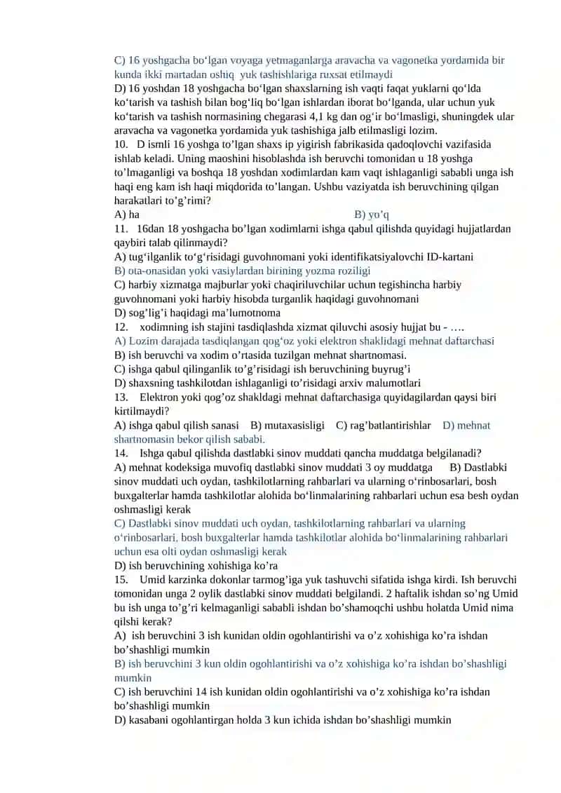 Mehnat huquqidan testlar 2