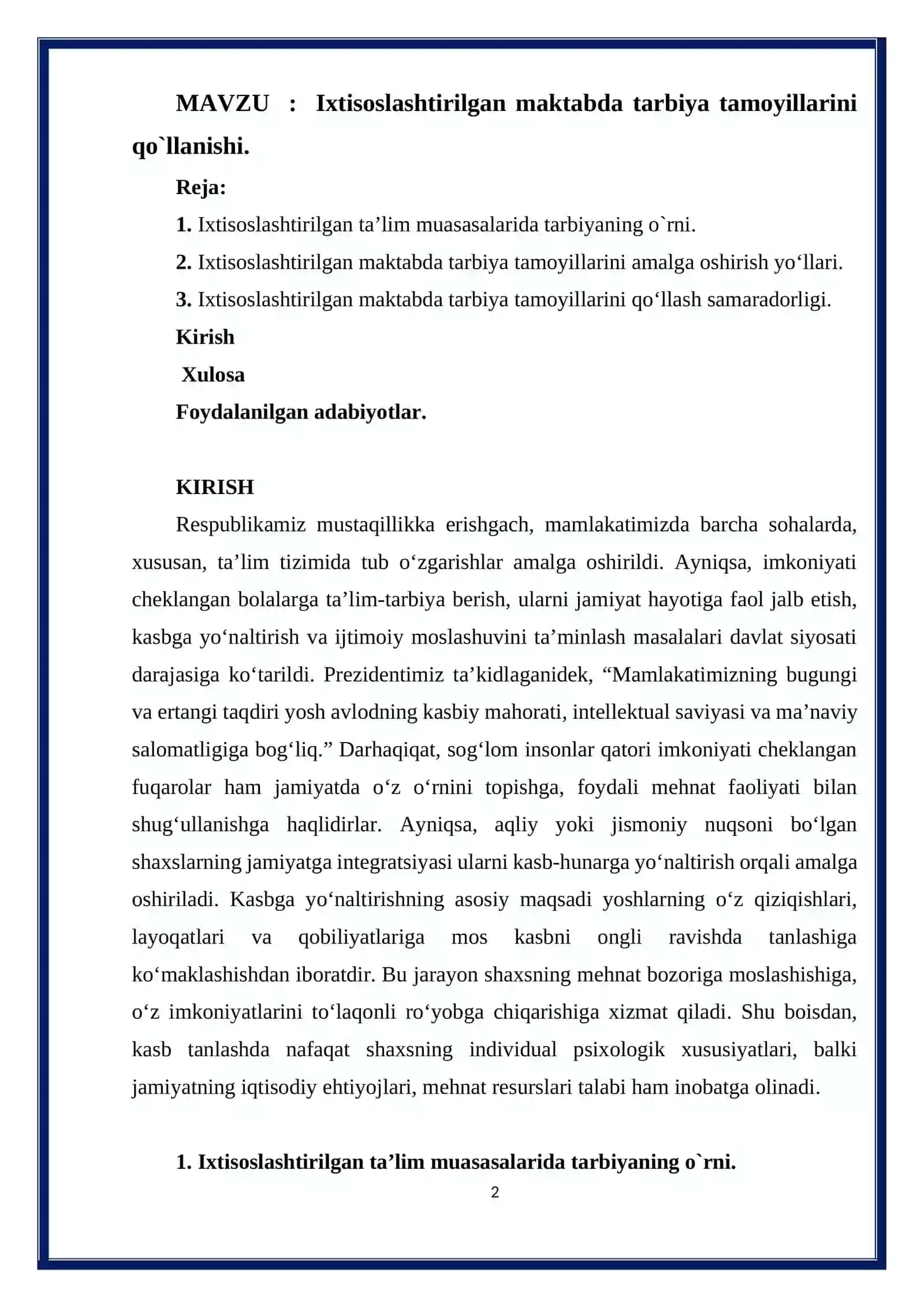 Ixtisoslashtirilgan maktabda tarbiya tamoyillarini qo`llanishi 2