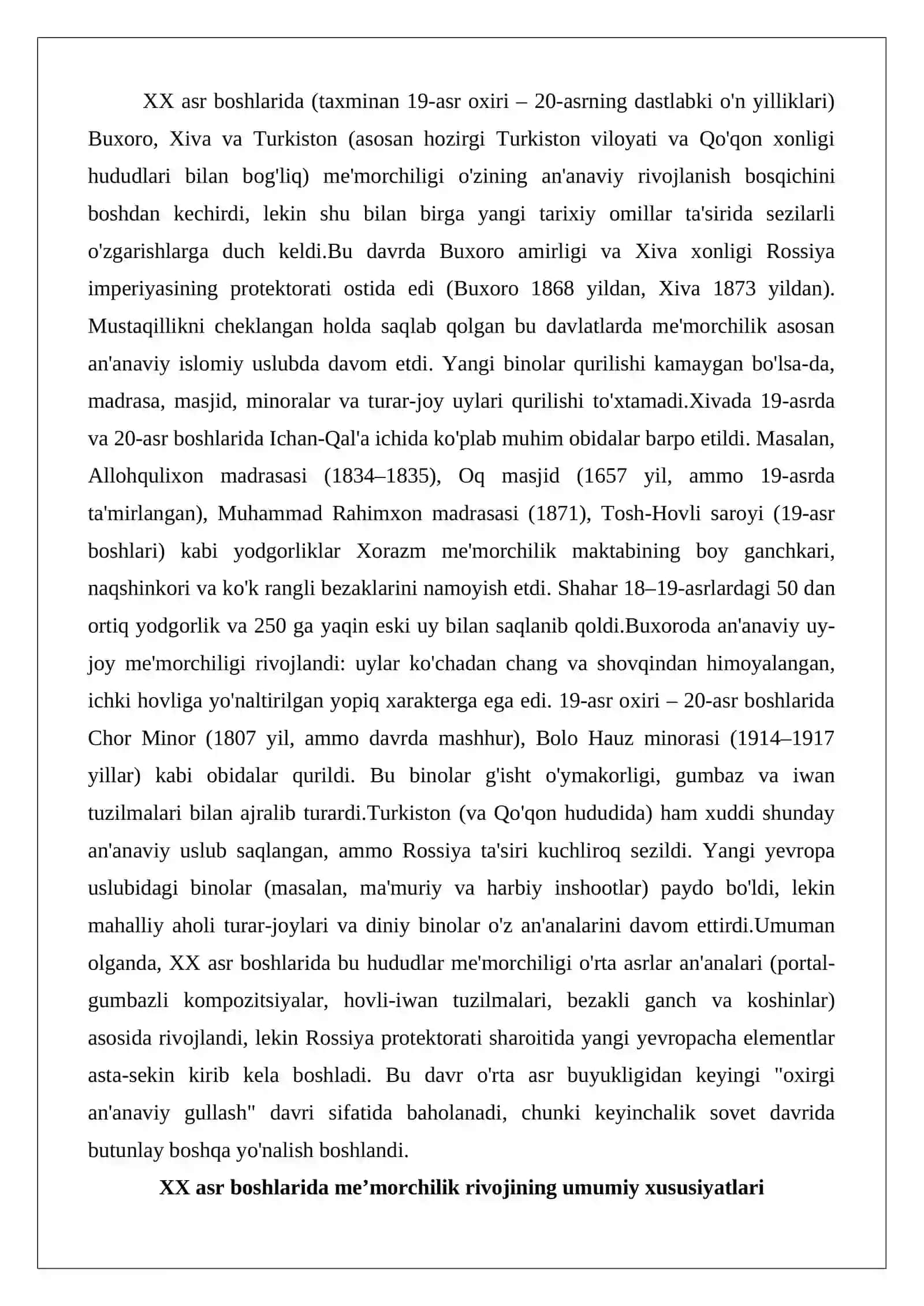XX asrda Buxoro, Xiva va Turkistonda me’morchilik 2