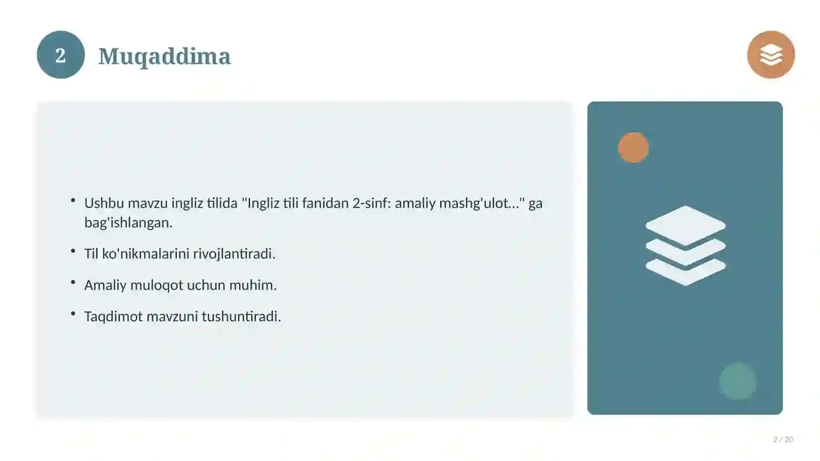 Ingliz tili fanidan 2-sinf: amaliy mashg'ulot ishlanmasi 2