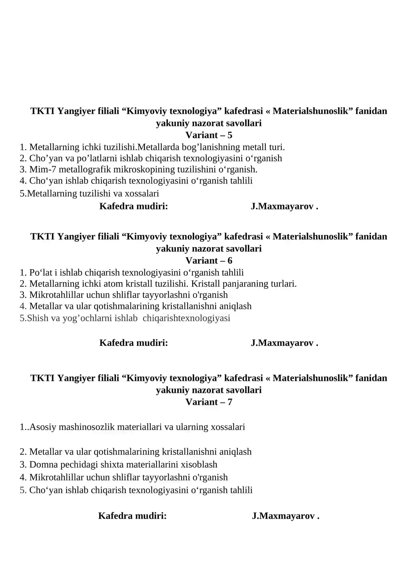 Materialshunoslik yakuniy nazorat savollari (Variant 1) 2