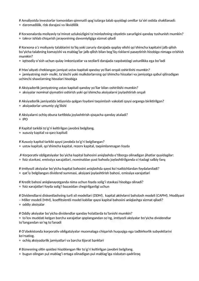 Korparativ moliya yakuniy javoblari 2