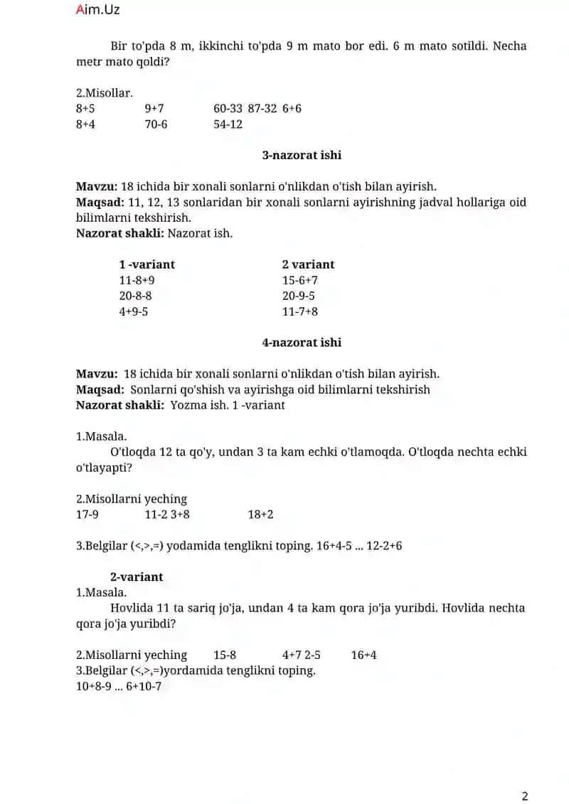 Matematika fanidan mavzuiy rejalashtirish I-chorak 2