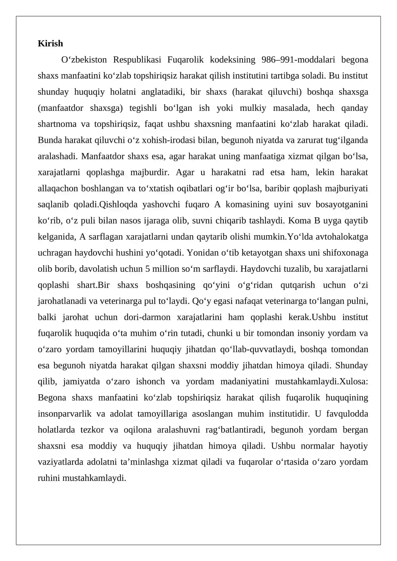 Begona shaxsning manfaatini ko’zlab topshiriqsiz harakat qilish (negotiorum gestio) tushunchasi va huquqiy oqibatlari 2