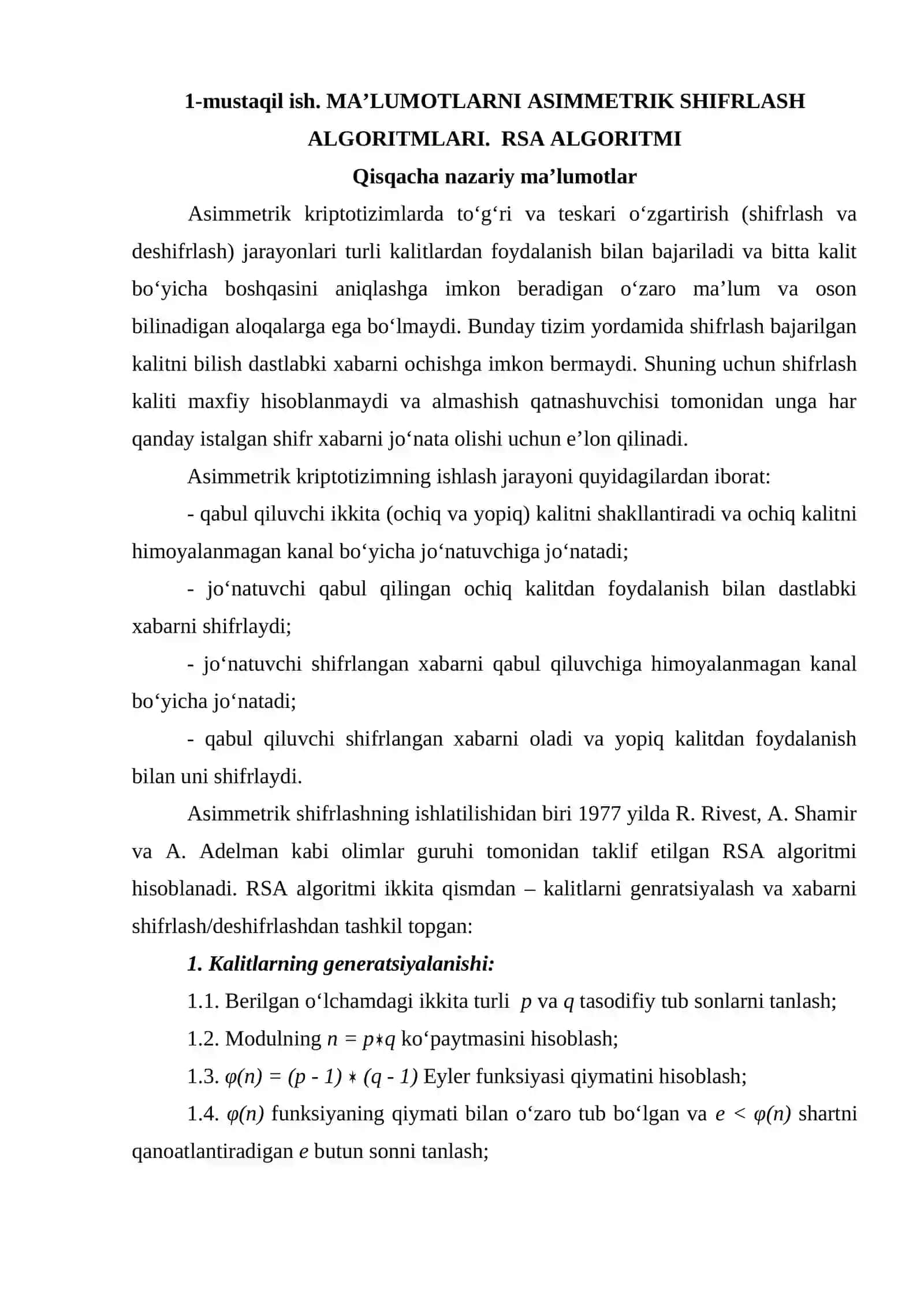 MA’LUMOTLARNI ASIMMETRIK SHIFRLASH ALGORITMLARI.  RSA ALGORITMI 2