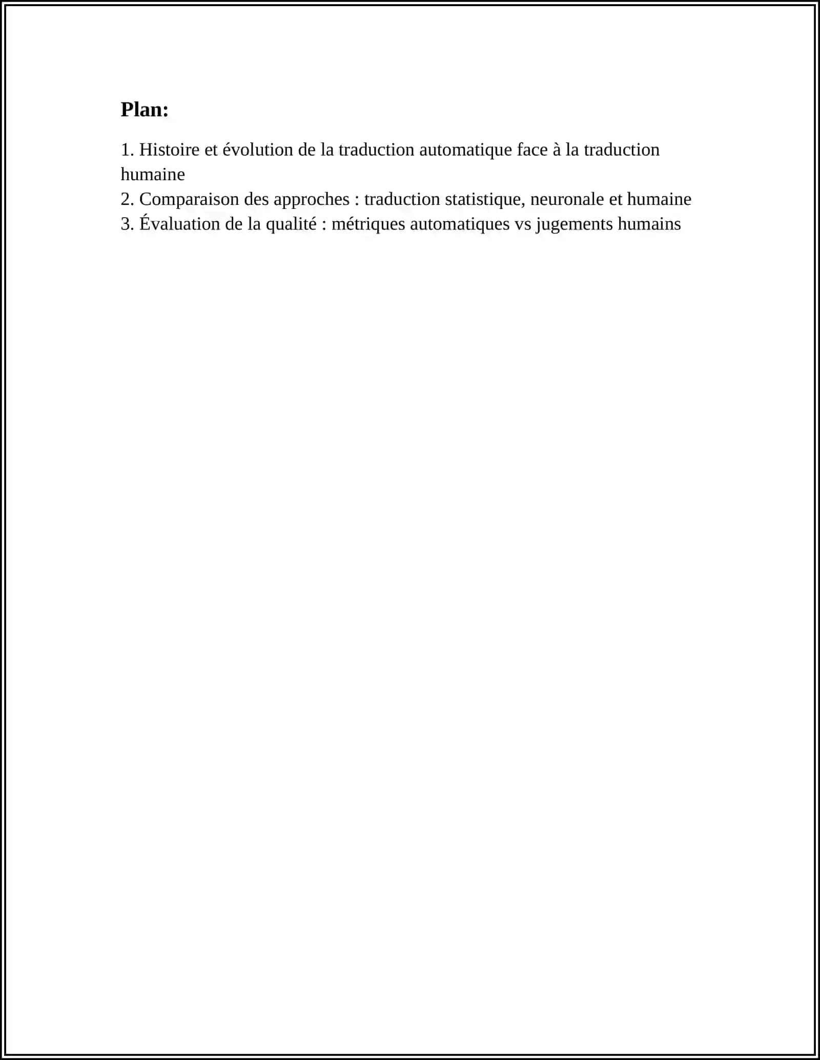 LA TRADUCTION AUTOMATIQUE FACE À LA TRADUCTION HUMAINE- Tags (comma-separated): traduction automatique, traduction humaine, histoire de la traduction- Description: Analyse de l'évolution de la traduction automatique par rapport à la traduction humaine, en mettant en évidence les défis et les avancées technologiques. Mention des approches statistique, neuronale et humaine. Comparaison des qualité et des métriques utilisées dans l'évaluation. - Category: Referatlar/Iqtisodiyot 2
