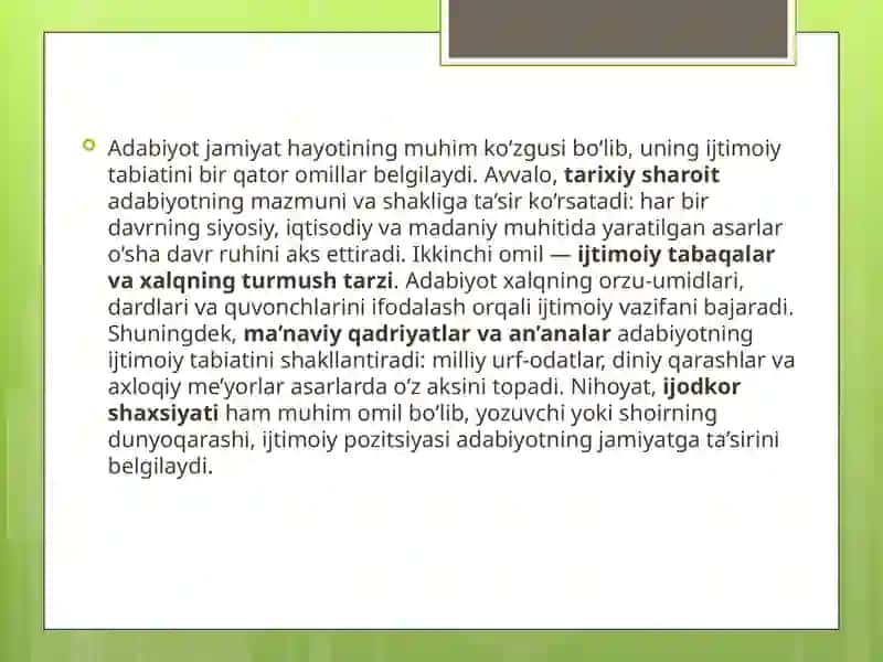 Adabiyotning ijtimoiy tabiatini belgilovchi omillari 2