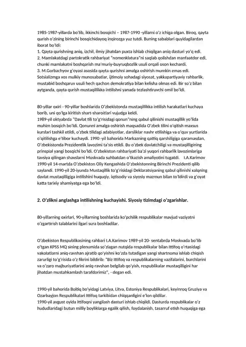 O‘zbekiston Respublikasining Mustaqil Tashkil Etish Tarixi 2