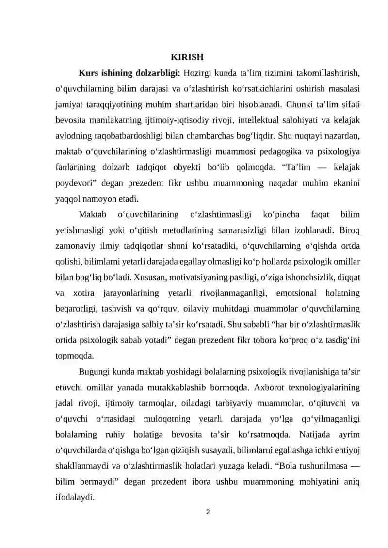 Maktab o'quvchilarining o'zlashtirmasligining psixologik sabablari 2